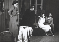 Marie Hrabalov v inscenaci DS Hlek Pygmalion (G. B. Shaw) v roce 1955 (zleva: Marie Hrabalov - pan Higginsov, Stanislav Holk, Ji Janouek, Dagmar Polzov, Ferdinand Leopold)